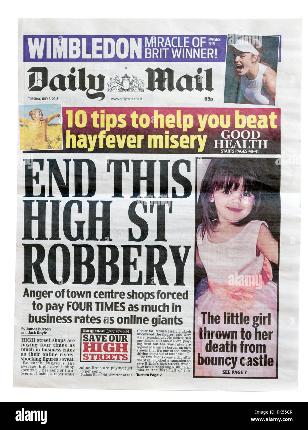 Pagina anteriore del Daily Mail con il titolo fine questo High Street rapina, circa la differenza tra le imposte versate da online e high street memorizza Foto Stock