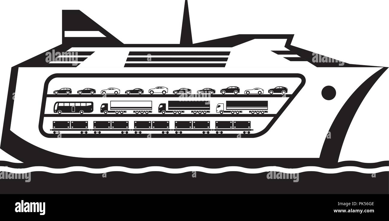 Traghetto veicoli trasporta al di là del mare - illustrazione vettoriale Illustrazione Vettoriale