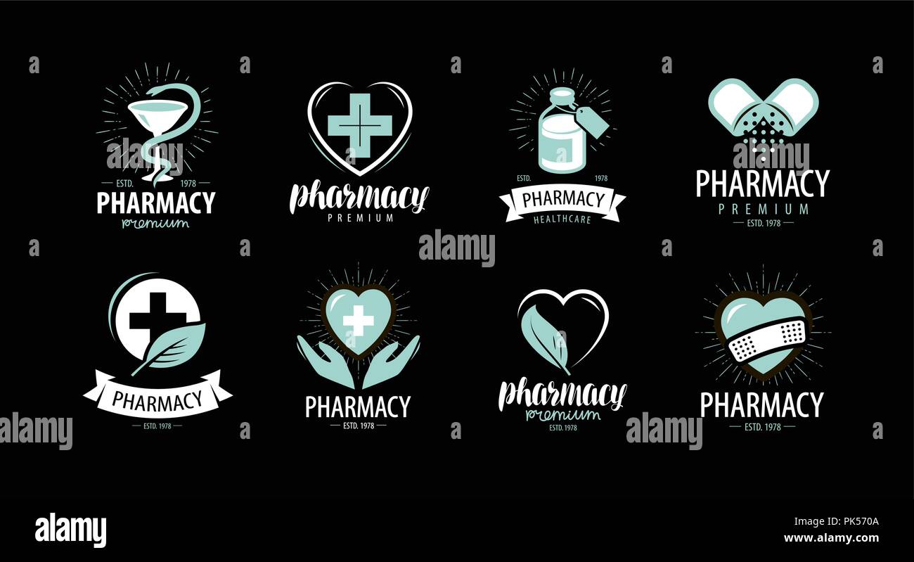 Farmacia farmacia, set di loghi o etichette. Medicina, salute, simbolo dell'ospedale. Illustrazione Vettoriale Illustrazione Vettoriale