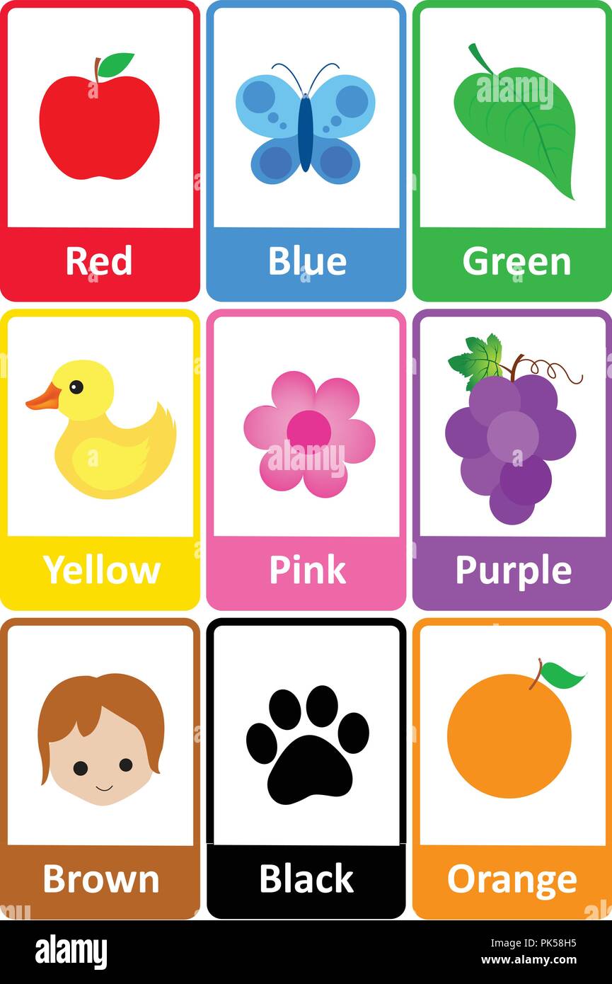 Stampabile scheda flash colletion per i colori e i loro nomi con fotografie a colori per la scuola materna / asilo i bambini | impariamo i colori Illustrazione Vettoriale
