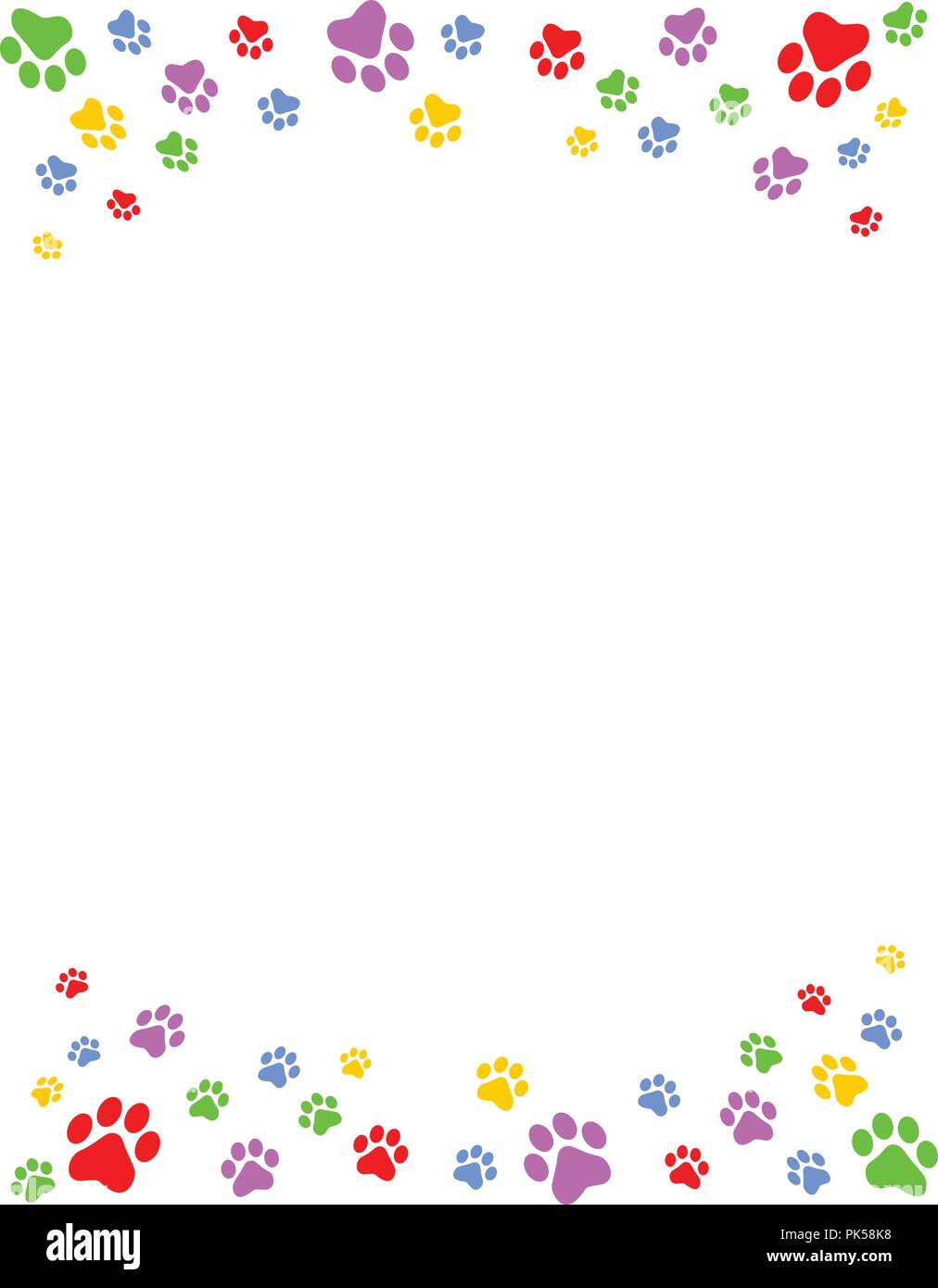 Colorate zampa del cane di stampe in alto e il bordo inferiore / intestazione e piè di pagina su sfondo bianco Illustrazione Vettoriale