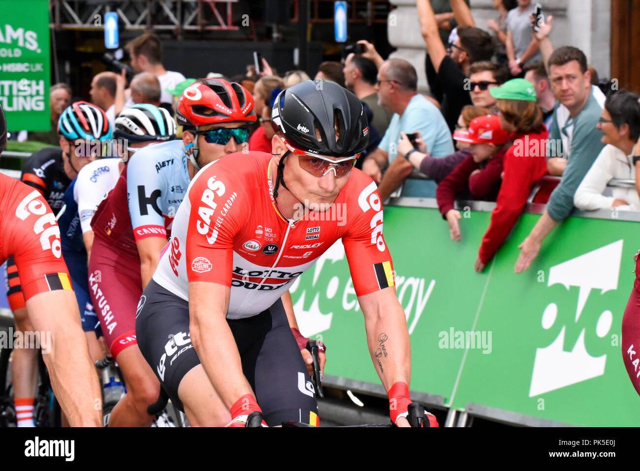 Andre Greipel del team Lotto Soudal racing all'OVO Energy Tour della Gran Bretagna cycle race, stadio 8, London, Regno Unito Foto Stock