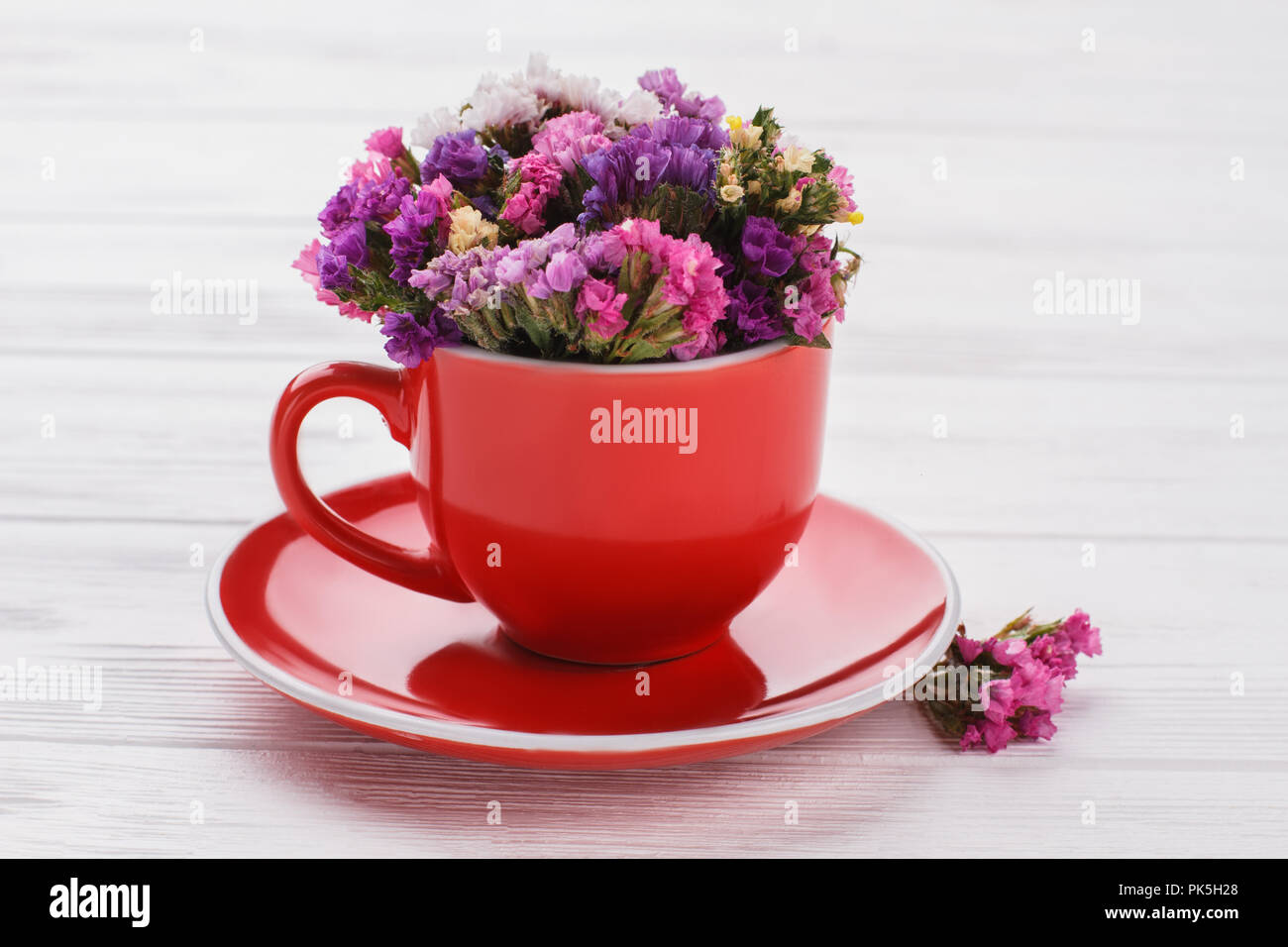 Bouquet di bella statice piccoli fiori in una tazza di colore rosso. Legno bianco sullo sfondo della tabella. Foto Stock