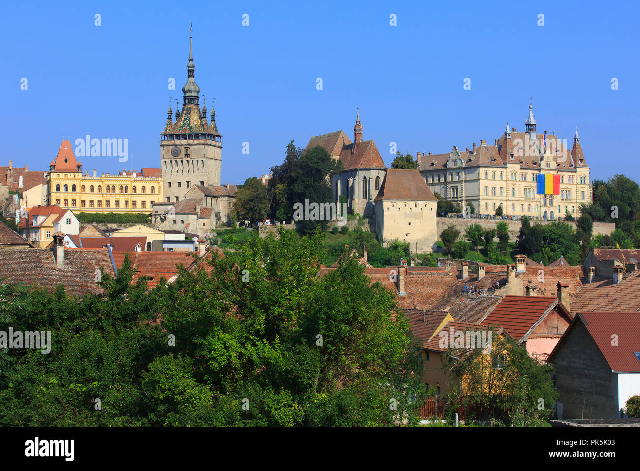 Vista panoramica sul centro storico di Sighisoara in Transilvania, Romania Foto Stock
