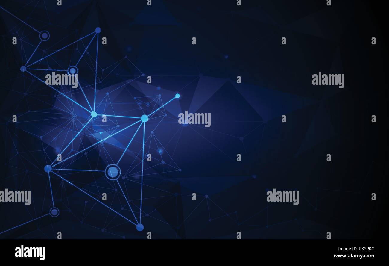 Vettore 3D illustrazione geometrica, Poligono, linea,Triangolo forma del modello con struttura di molecola. Forma poligonale con sfondo blu scuro. La scienza astratta, Illustrazione Vettoriale