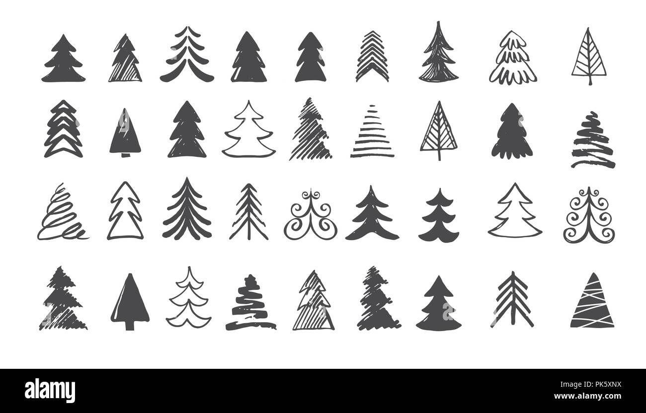 Disegnata a mano albero di Natale icone. Scarabocchi e schizzi Illustrazione Vettoriale
