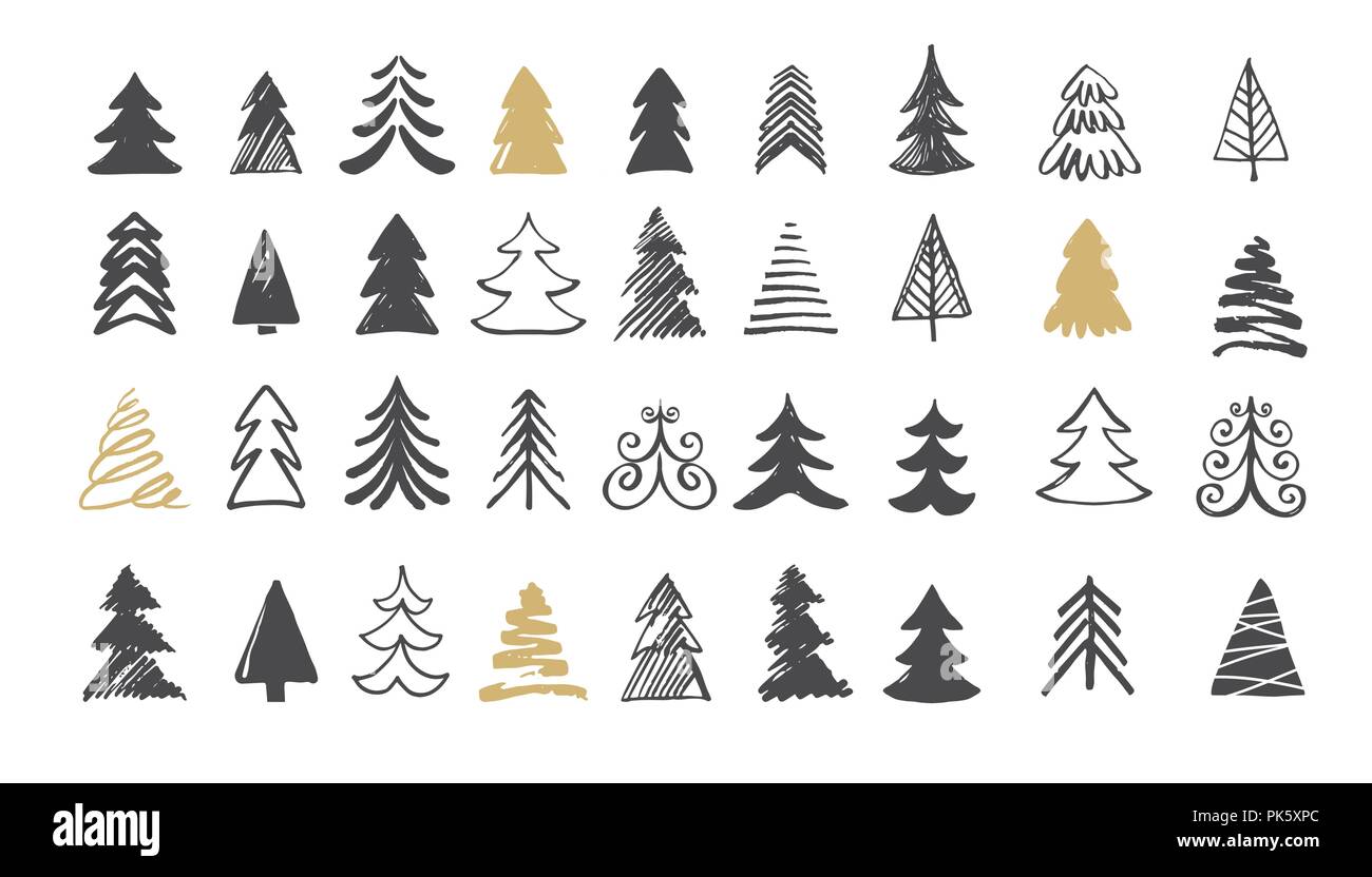 Disegnata a mano albero di Natale icone. Scarabocchi e schizzi Illustrazione Vettoriale