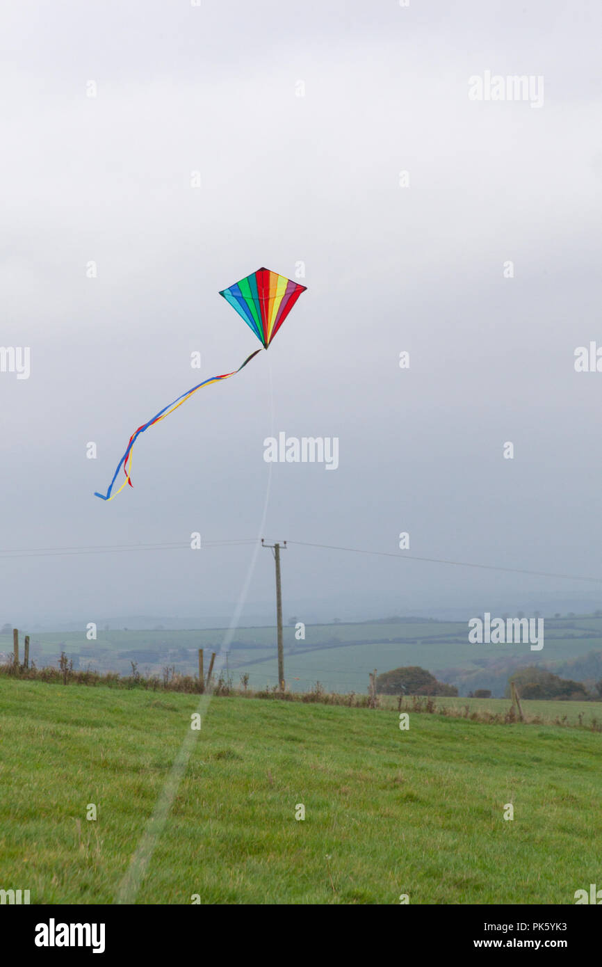 Rainbow kite colorati a volare su un giorno nuvoloso, Devon, Inghilterra, Regno Unito. Foto Stock