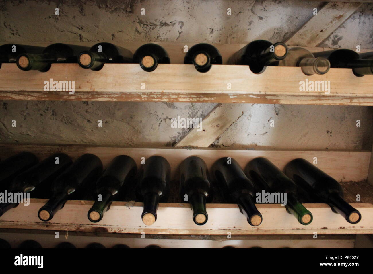 Bottiglie di vino di vetro conservate su uno scaffale in una cantina in una tarda estate. Foto Stock