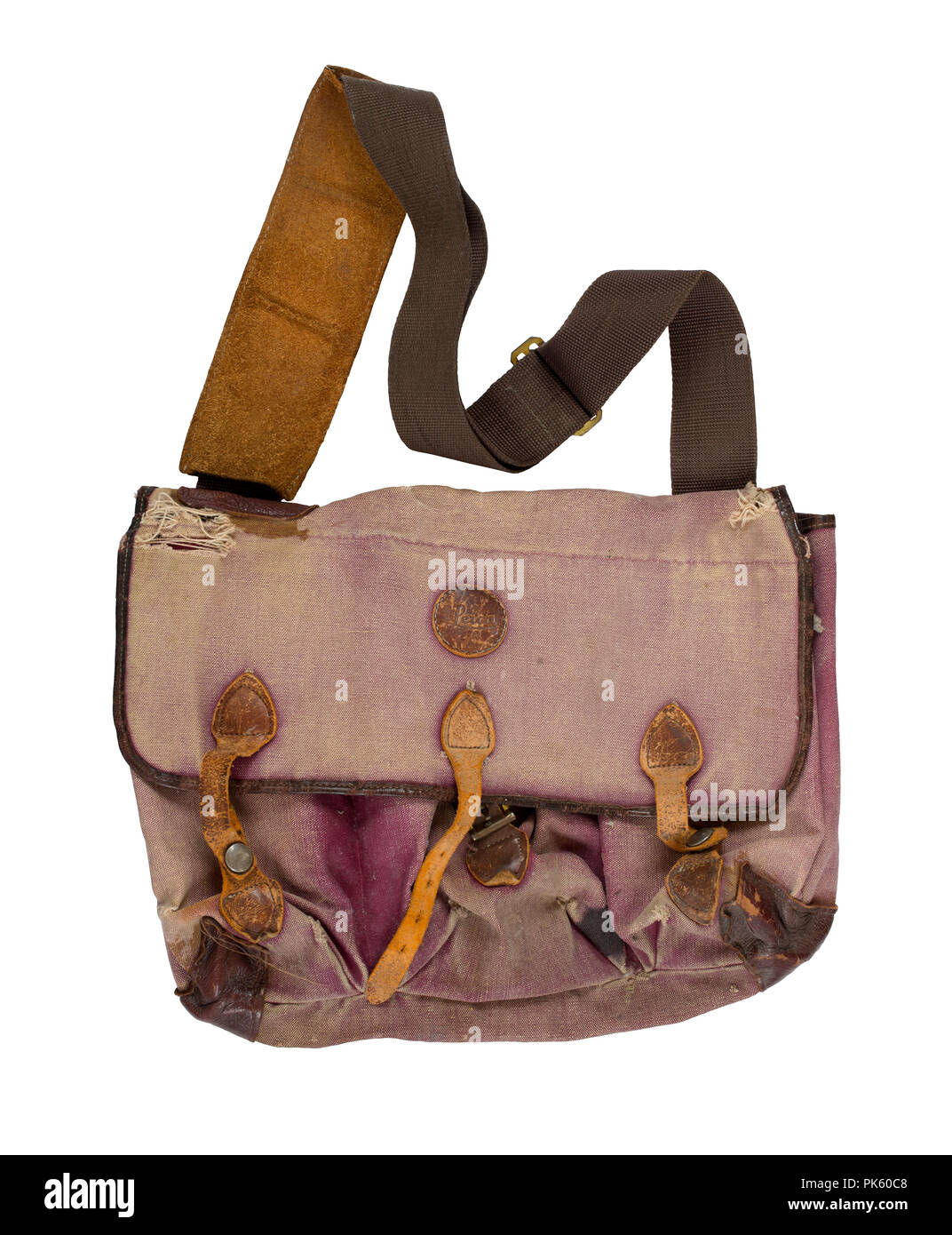 Un ben indossati, sbiaditi e usato Leica camera bag dagli anni settanta. Foto Stock