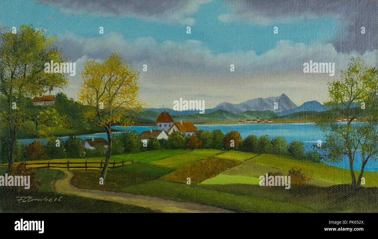 Pittura Di Olio - Paesaggio con campi e un piccolo villaggio sul lago Foto Stock
