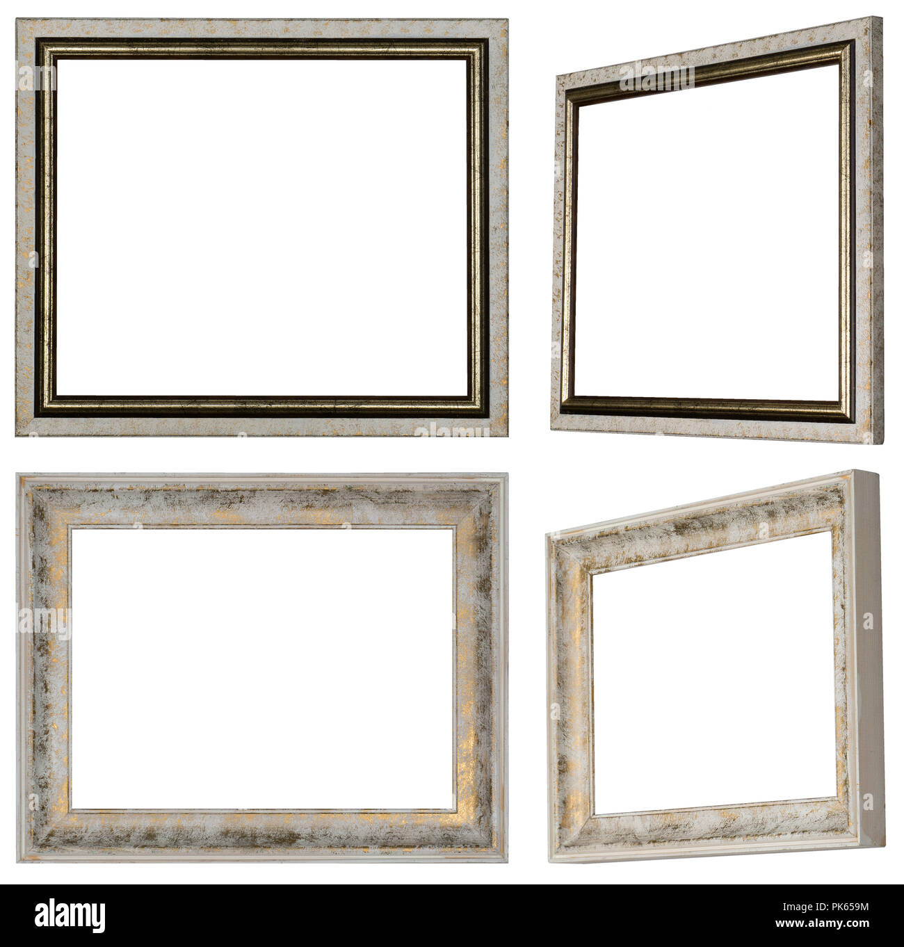 Due bianchi cornici dipinti in diverse viste di profilo e di colore dorato Foto Stock