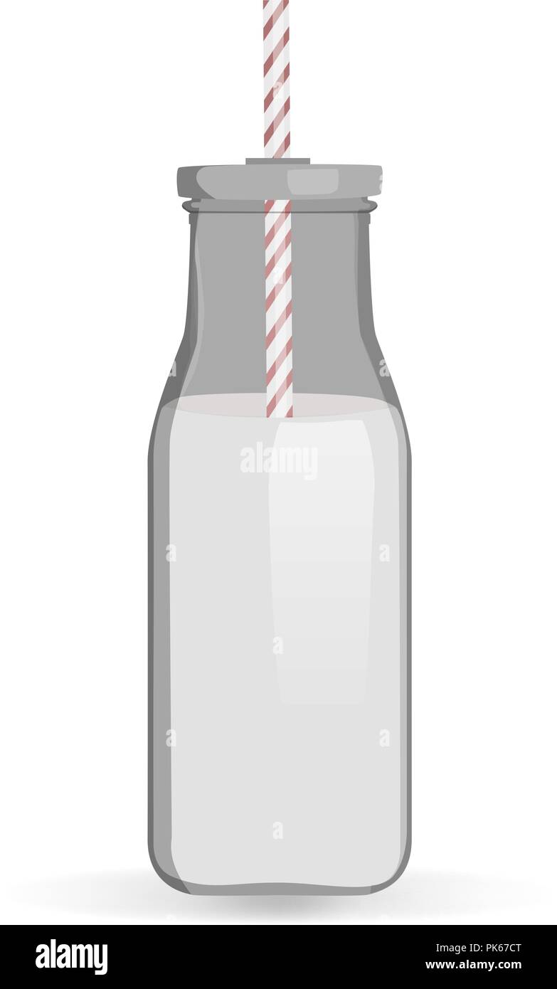 Tradizionale bottiglia di latte illustrazione vettoriale. Bottiglia di latte con paglia isolati su sfondo bianco. Il vetro della bottiglia di latte con spogliato della paglia. Illustrazione Vettoriale