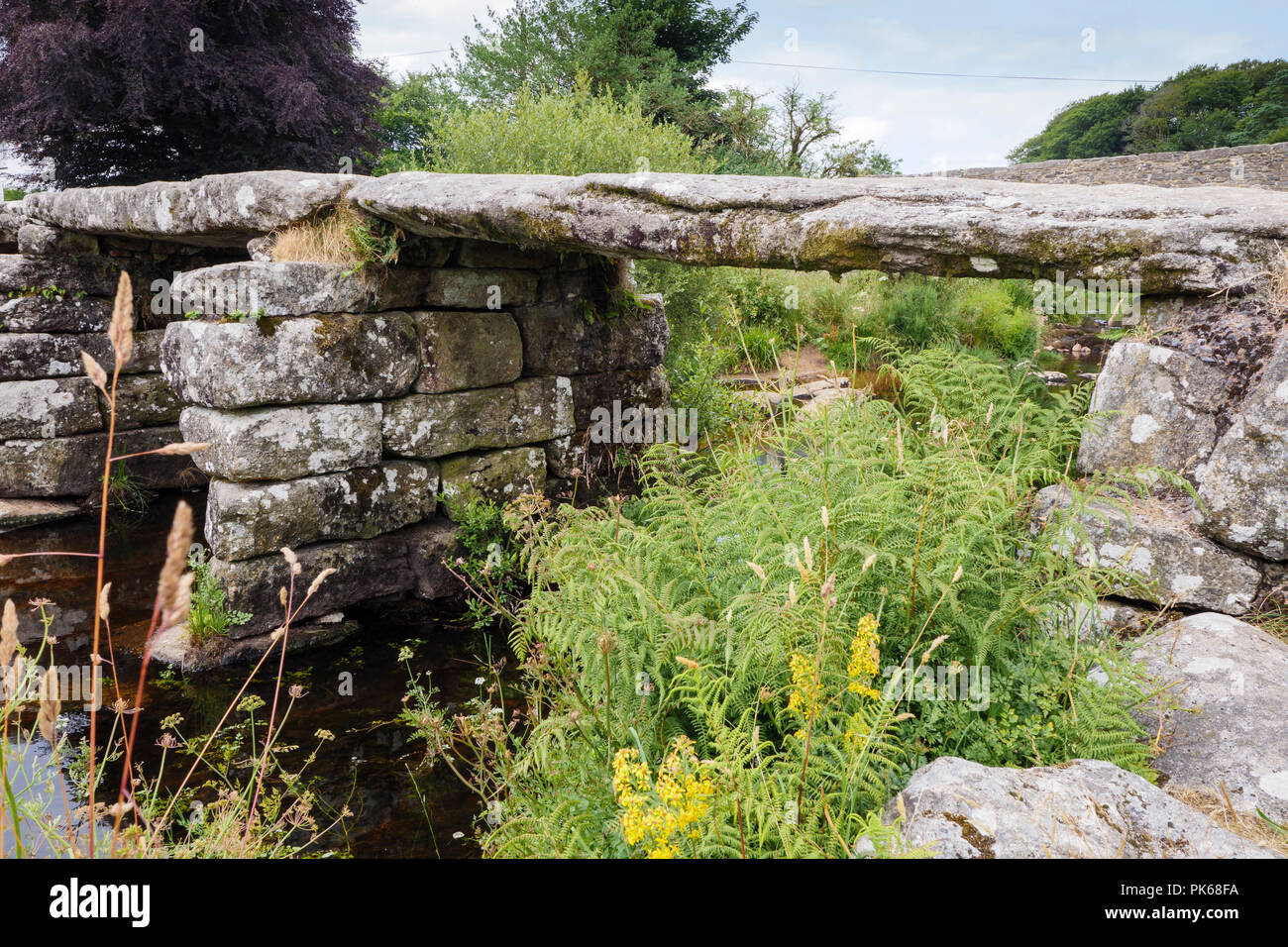 Battaglio medievale ponte che attraversa il est fiume Dart Postbridge Dartmoor Devon England Foto Stock