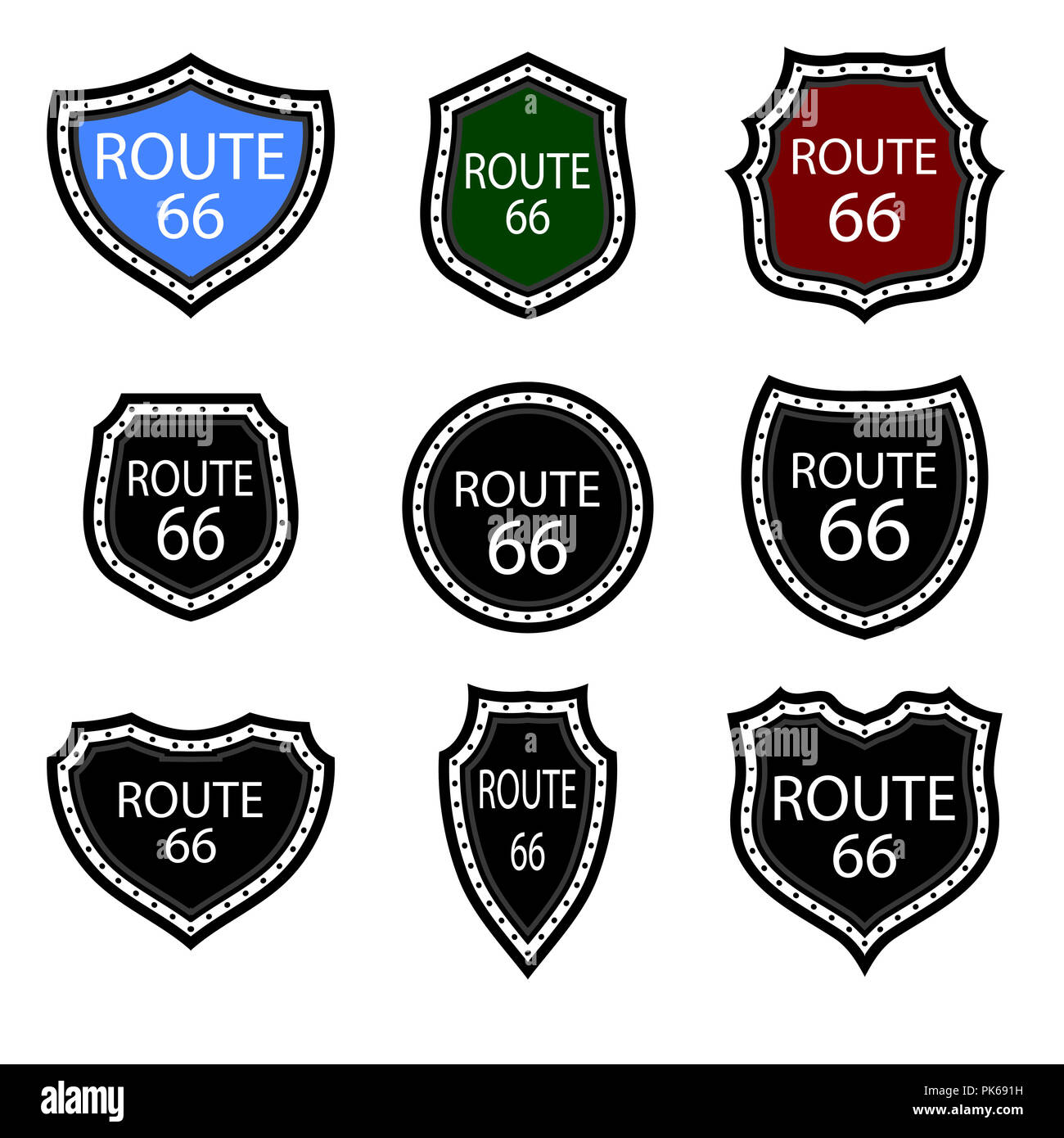 Stati Uniti Numdered segno 66 Route. Autostrada emblemi collezione. Travel USA Etichette. Foto Stock