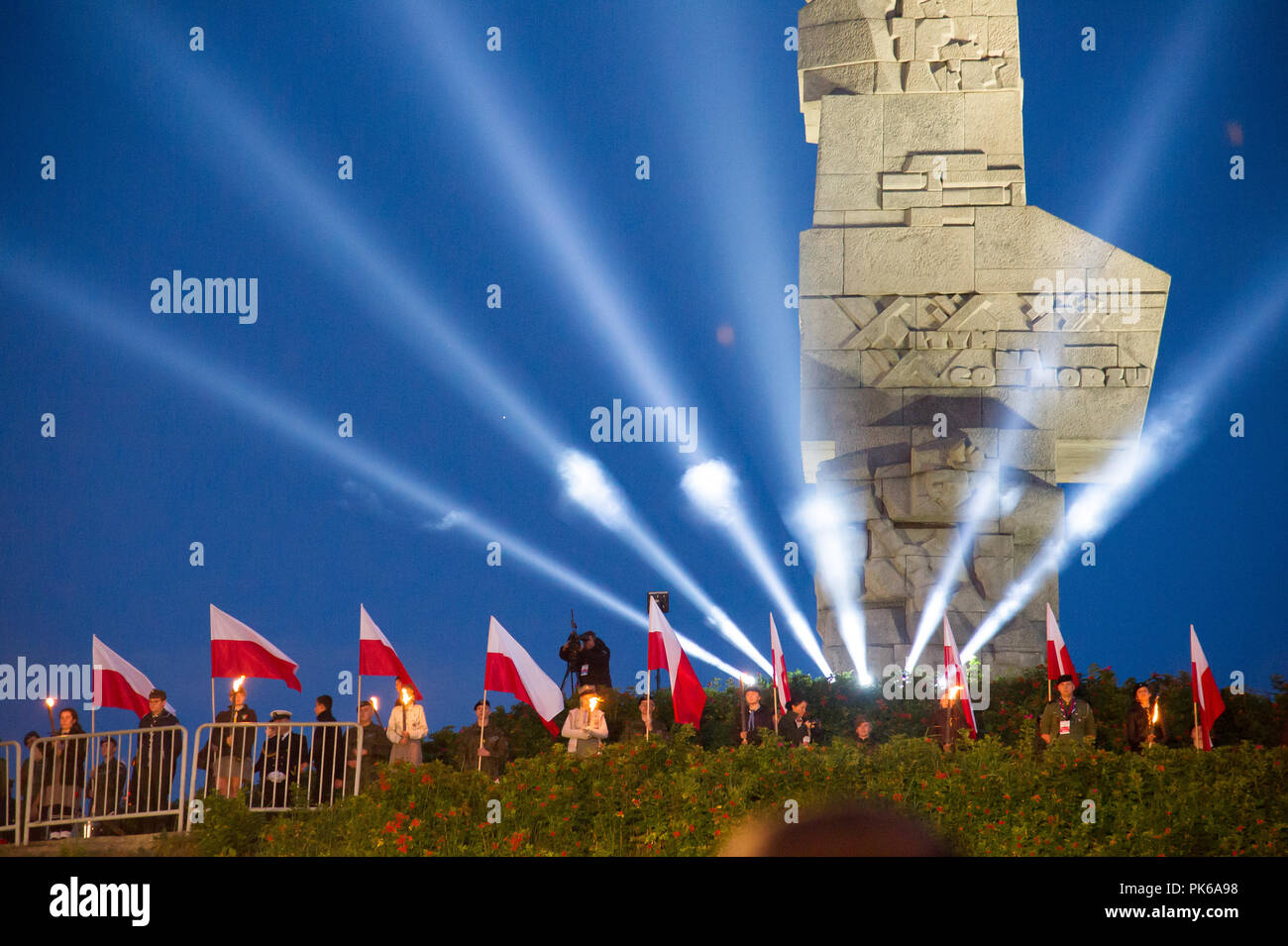 79º anniversario dell inizio della seconda guerra mondiale. Pomnik Obroncow Wybrzeza (monumento della costa difensori) per memorizzare soldati polacchi che hanno difeso Wojskowa Sklad brevetto Foto Stock