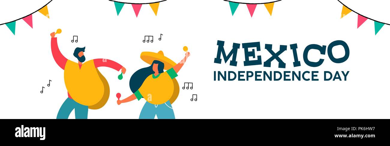 Messico il giorno di indipendenza banner web illustrazione. Amico messicano parte con tipico hat poncho e maracas per settembre 16 evento nazionale celebrazione. Illustrazione Vettoriale