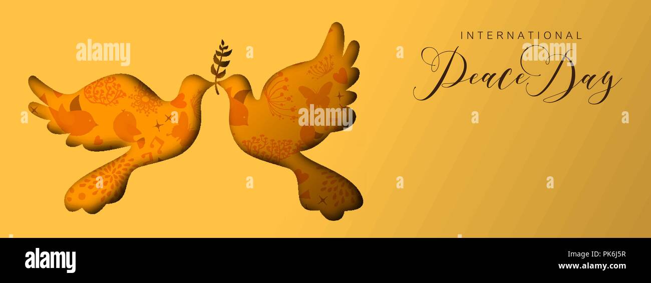 La pace internazionale giorni di vacanza social media banner illustrazione. Carta tagliata colomba bird forma di esclusione di silhouette con la natura doodle decorazione sfondo Illustrazione Vettoriale