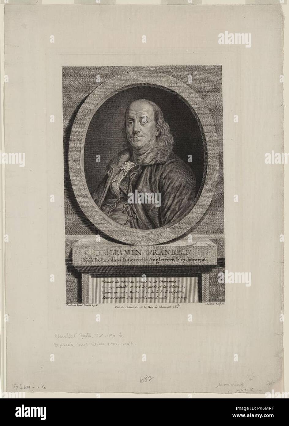 Benjamin Franklin - né à Boston, dans la nouvelle Angleterre, le 17 janv. 1706 - Duplessis pinxit, Parisiis 1778 ; Chevillet sculpsit. Foto Stock