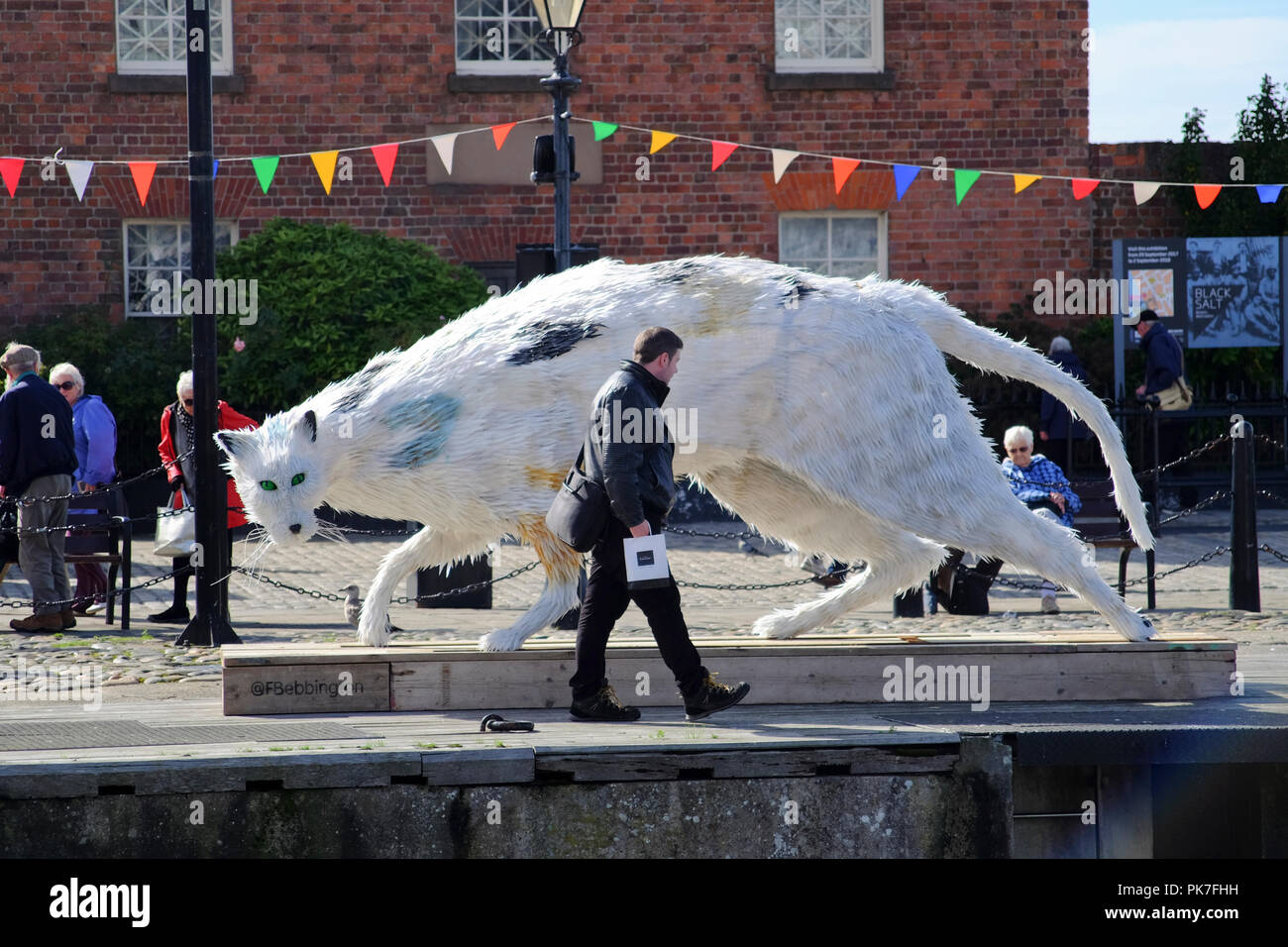 LIVERPOOL, Regno Unito. 11 settembre 2018. I visitatori di Liverpool Albert Dock potrete crogiolarvi al sole vicino al 'Ship's Cat' a quindici piedi-lunga installazione d arte da Liverpool artista fede Bebbington, chi crea costruiti a mano, dynamic figurativo di sculture di animali, l'utilizzo di materiale riciclato i materiali di scarto. Ispirato dal leggendario marittimi felino come Ms Chibley, che circumnavigare il globo come direttore di controllo di roditore officer sul tall ship Picton Castle. Premos/Alamy Live News Foto Stock