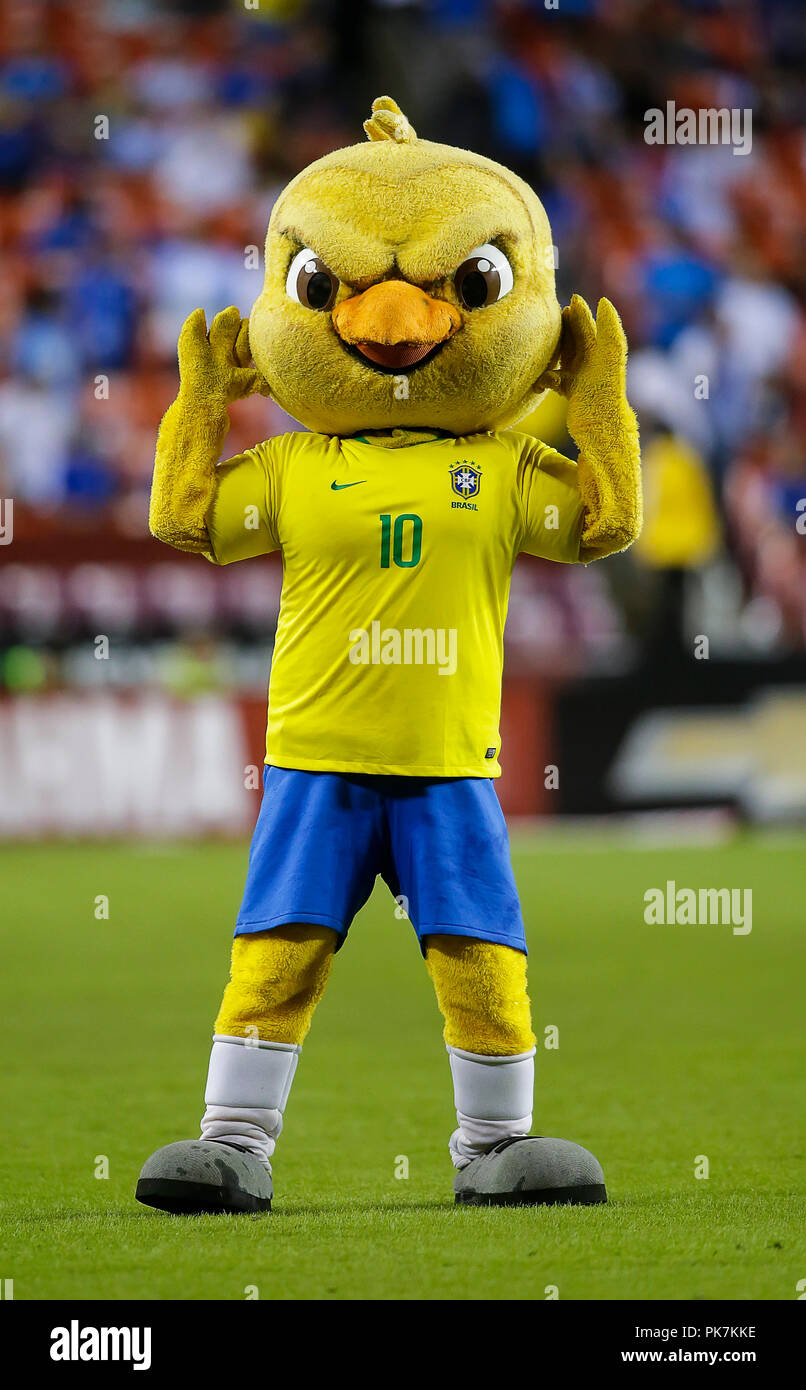 Washington DC, Stati Uniti d'America. Undicesimo Sep, 2018. Nazionale brasiliano squadra mascotte intrattiene i tifosi durante il tempo di emisaturazione di un amichevole internazionale partita di calcio tra Brasile e El Salvador a Fedex Campo in Washington DC. Justin Cooper/CSM/Alamy Live News Foto Stock