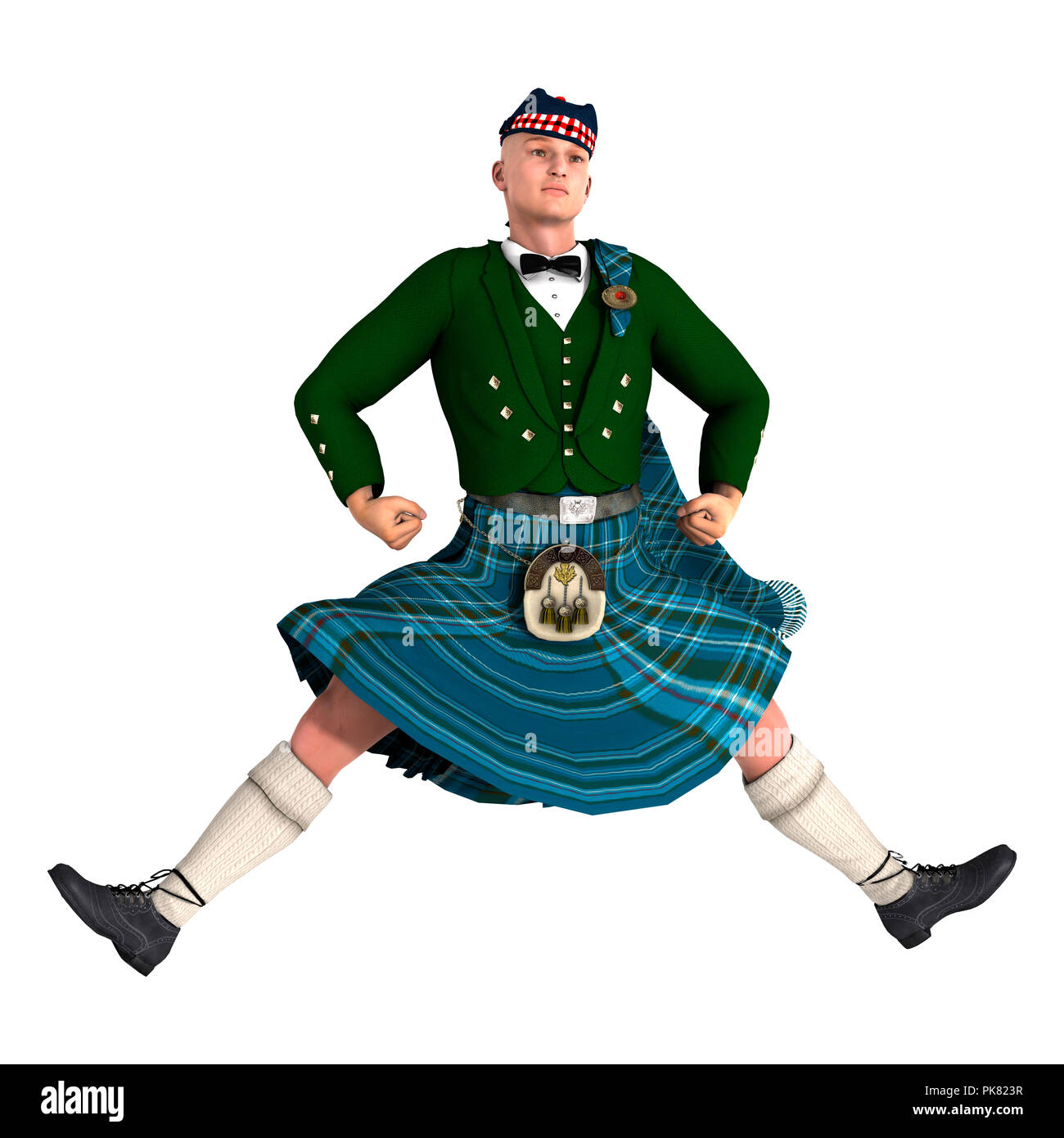 3D rendering di un highlander indossando un kilt scozzese dancing isolati su sfondo bianco Foto Stock