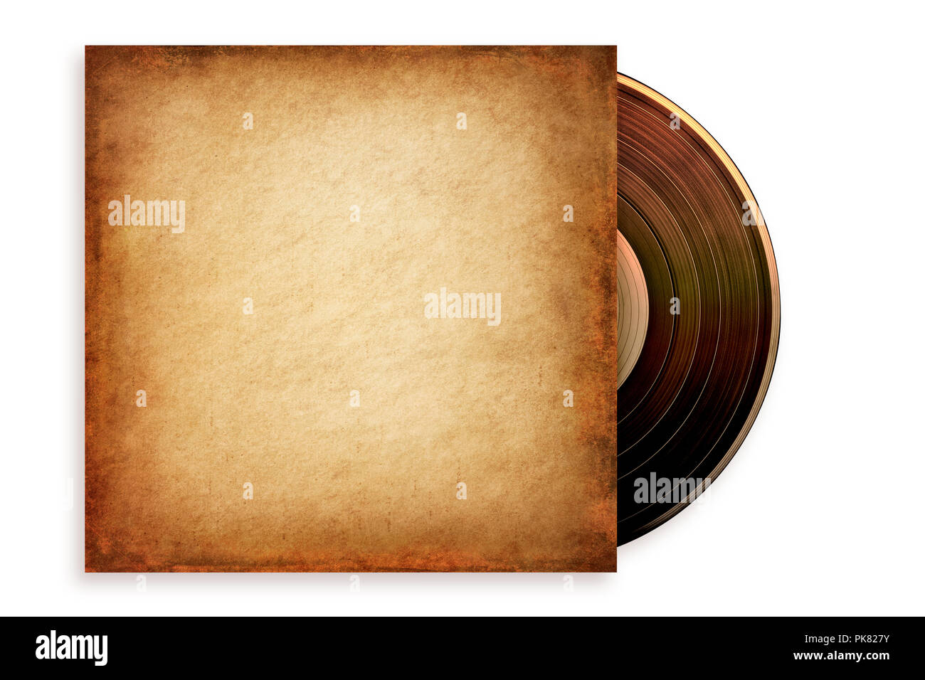 Grunge vecchi dischi in vinile in un caso di carta, isolato su bianco. Percorso incluso. Foto Stock