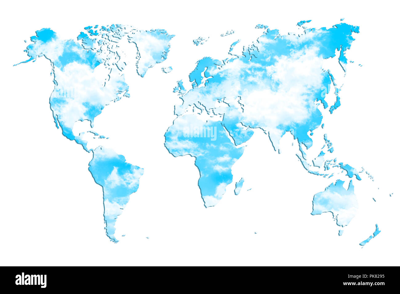 Mappa mondo conformato le nuvole nel cielo blu. Foto Stock