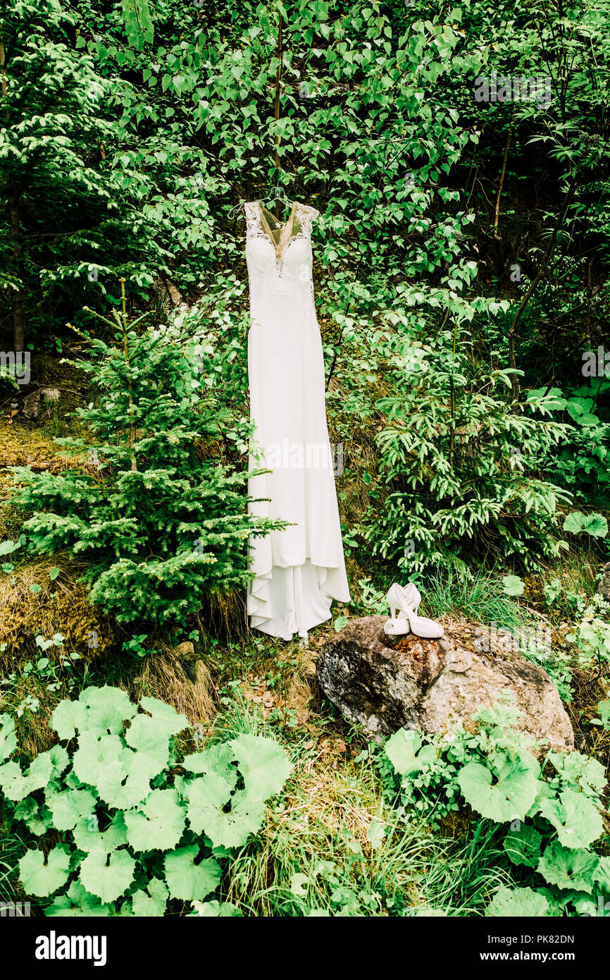 All'aperto Indie bianco matrimonio abito nuziale in foresta Foto Stock