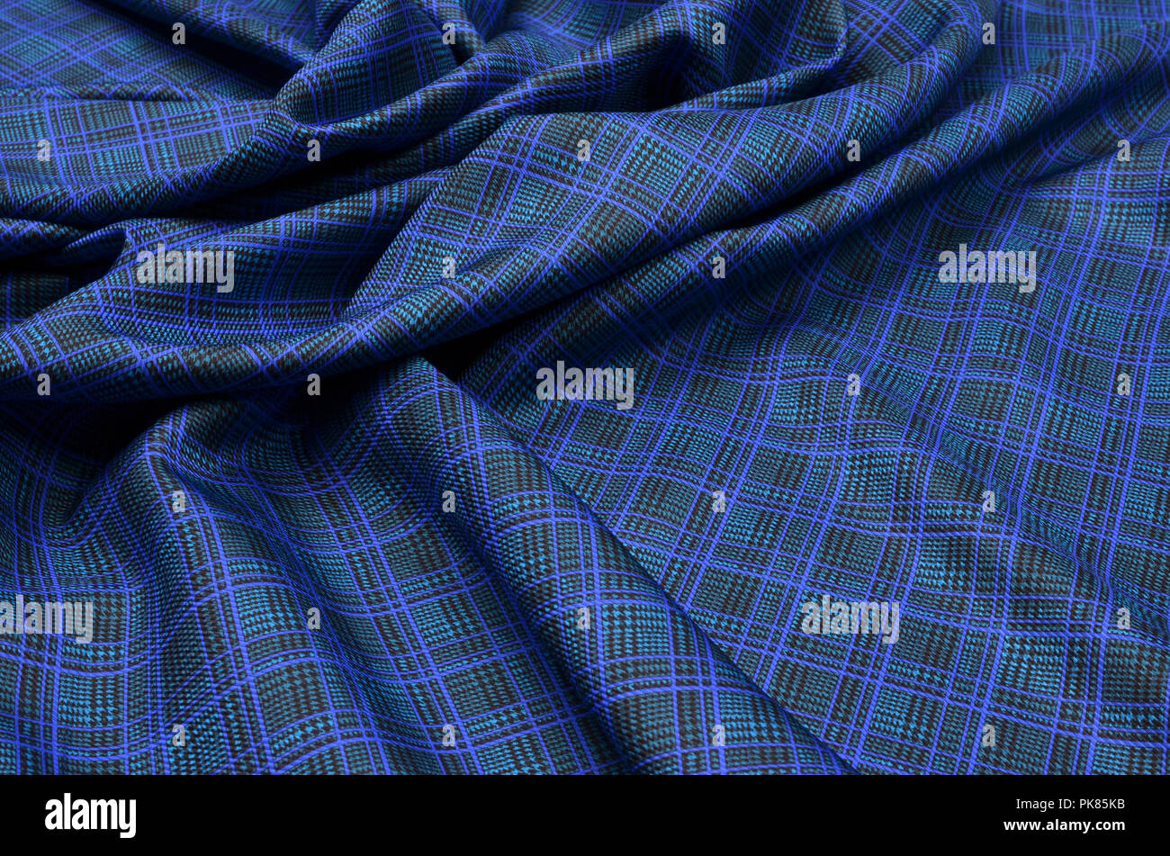 Tessuti di seta, satinata nero-turchese-gabbia blu Foto Stock