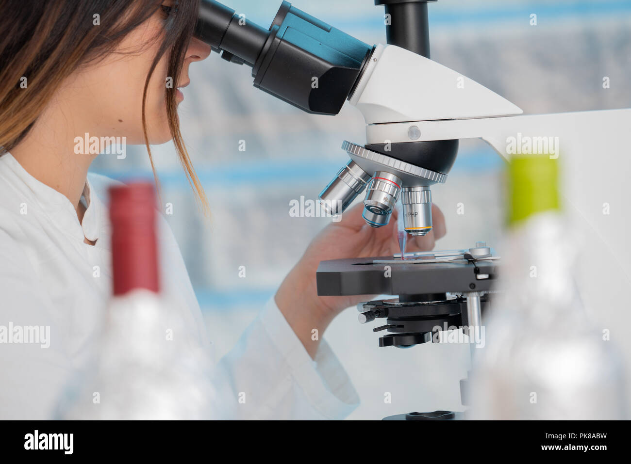 Bottiglia di vino nel laboratorio di controllo qualità Foto Stock