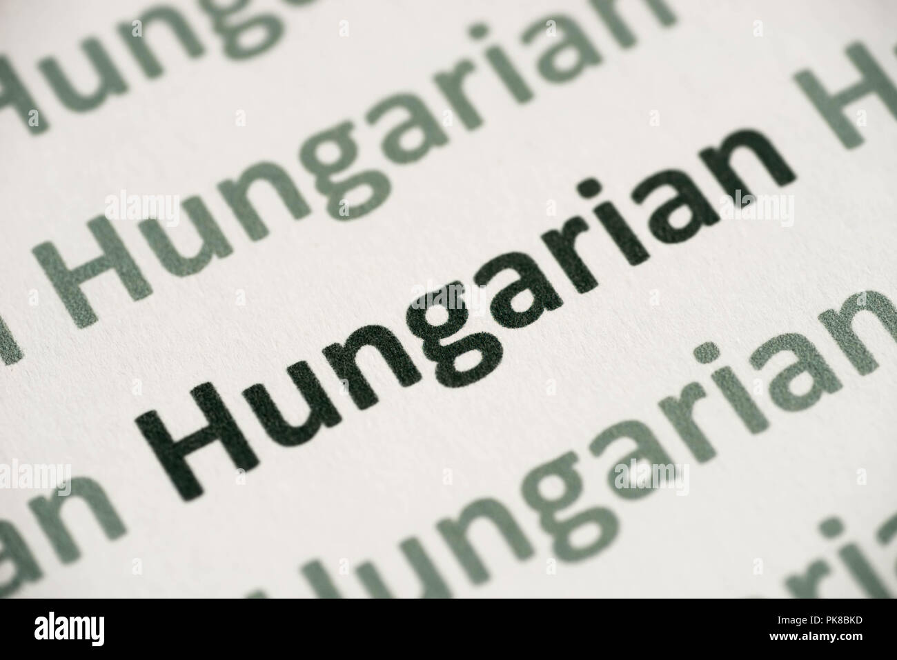 Parola di lingua ungherese stampato su carta bianca macro Foto Stock