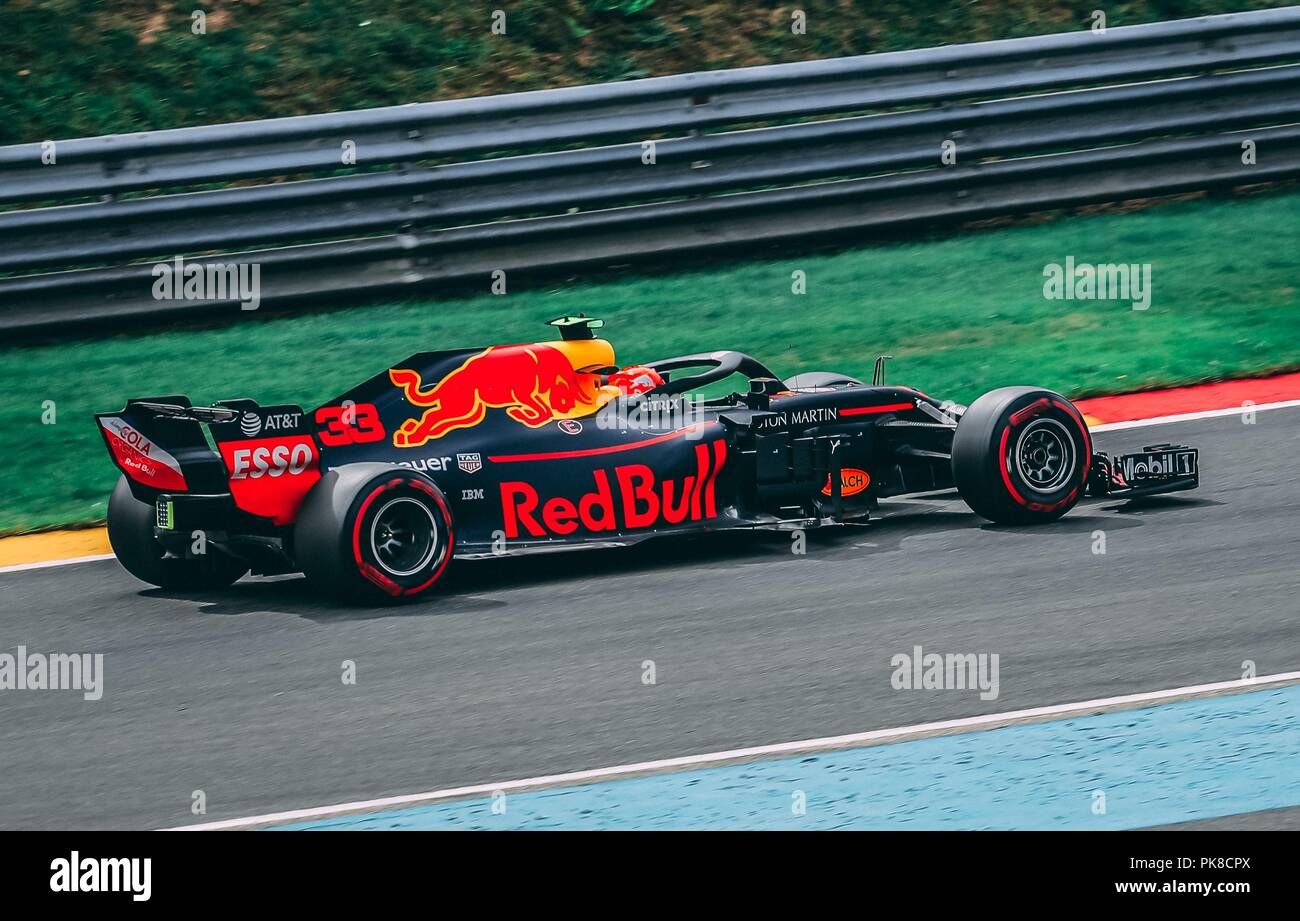 Max Verstappen con la sua Red Bull al 2018 Gran Premio del Belgio...andare Max! Foto Stock