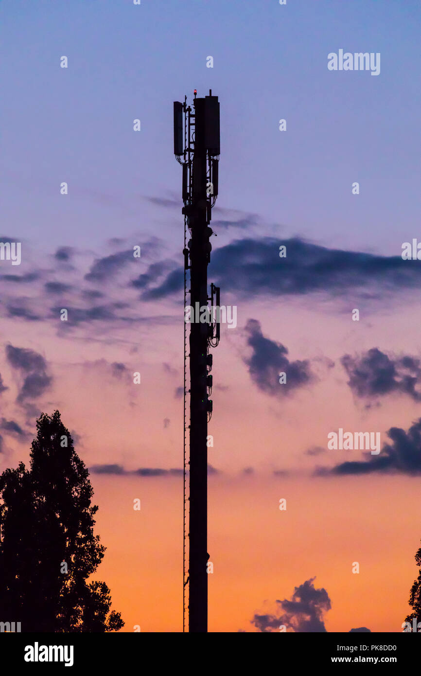 Il montante della rete mobile al crepuscolo si staglia contro il cielo Foto Stock