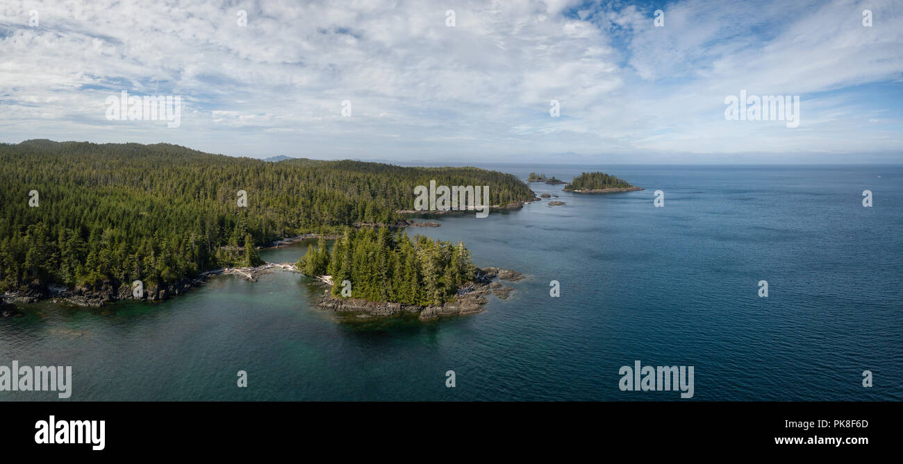 Antenna paesaggio panoramico di una costa rocciosa durante una vivace giornata d'estate. Presa sulla parte settentrionale dell'isola di Vancouver, British Columbia, Canada. Foto Stock