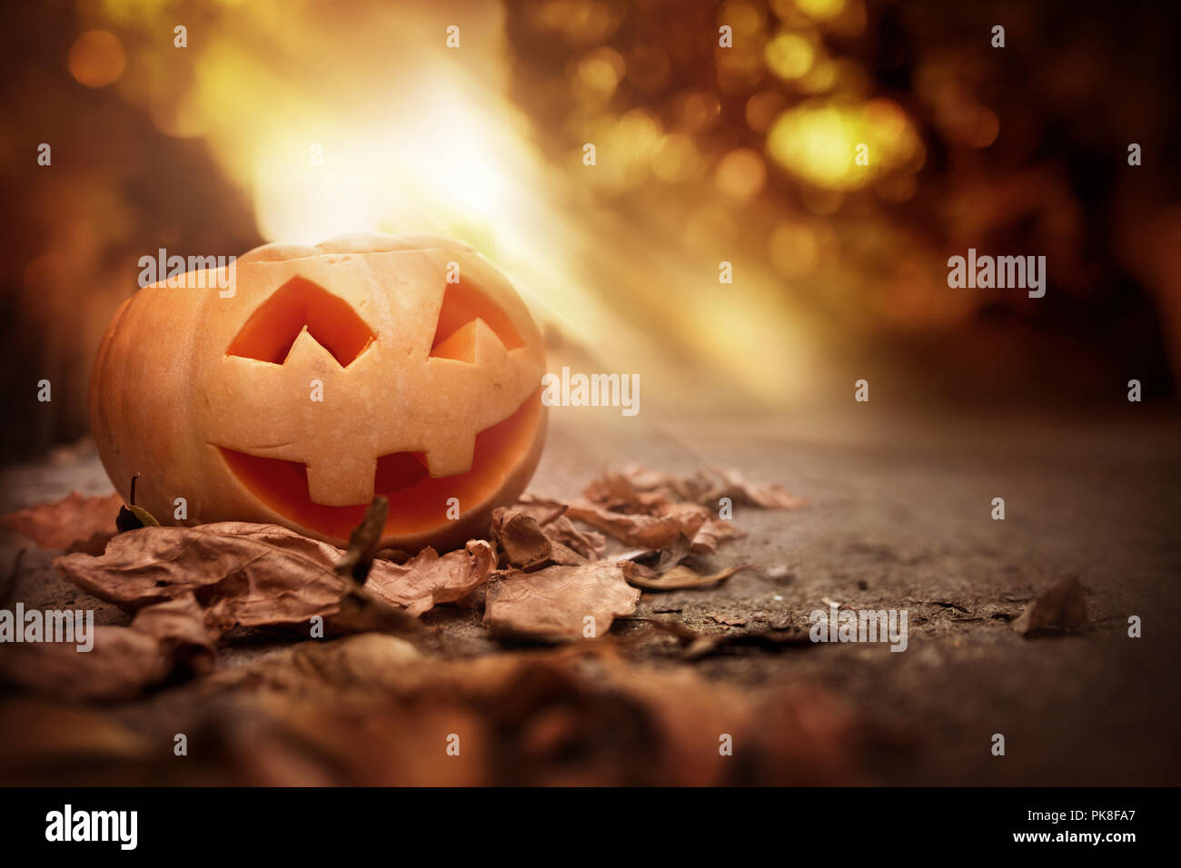 Un allegro sorridente Jack O Lantern su un halloween serata d'autunno. Foto Stock