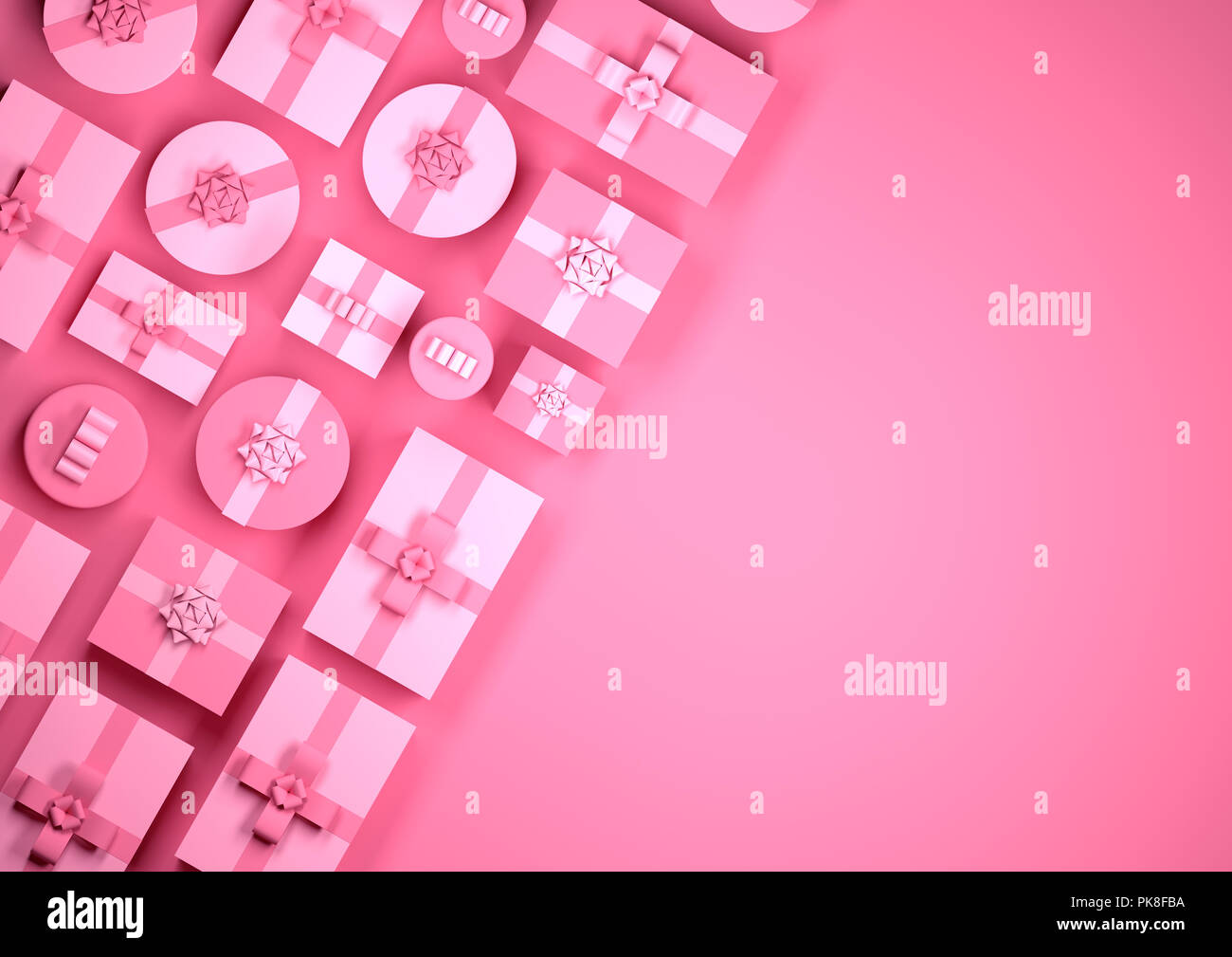 Le righe di colore rosa di avvolgere i regali di Natale. Vista dall'alto in basso la progettazione di confine, 3D illustrazione Foto Stock