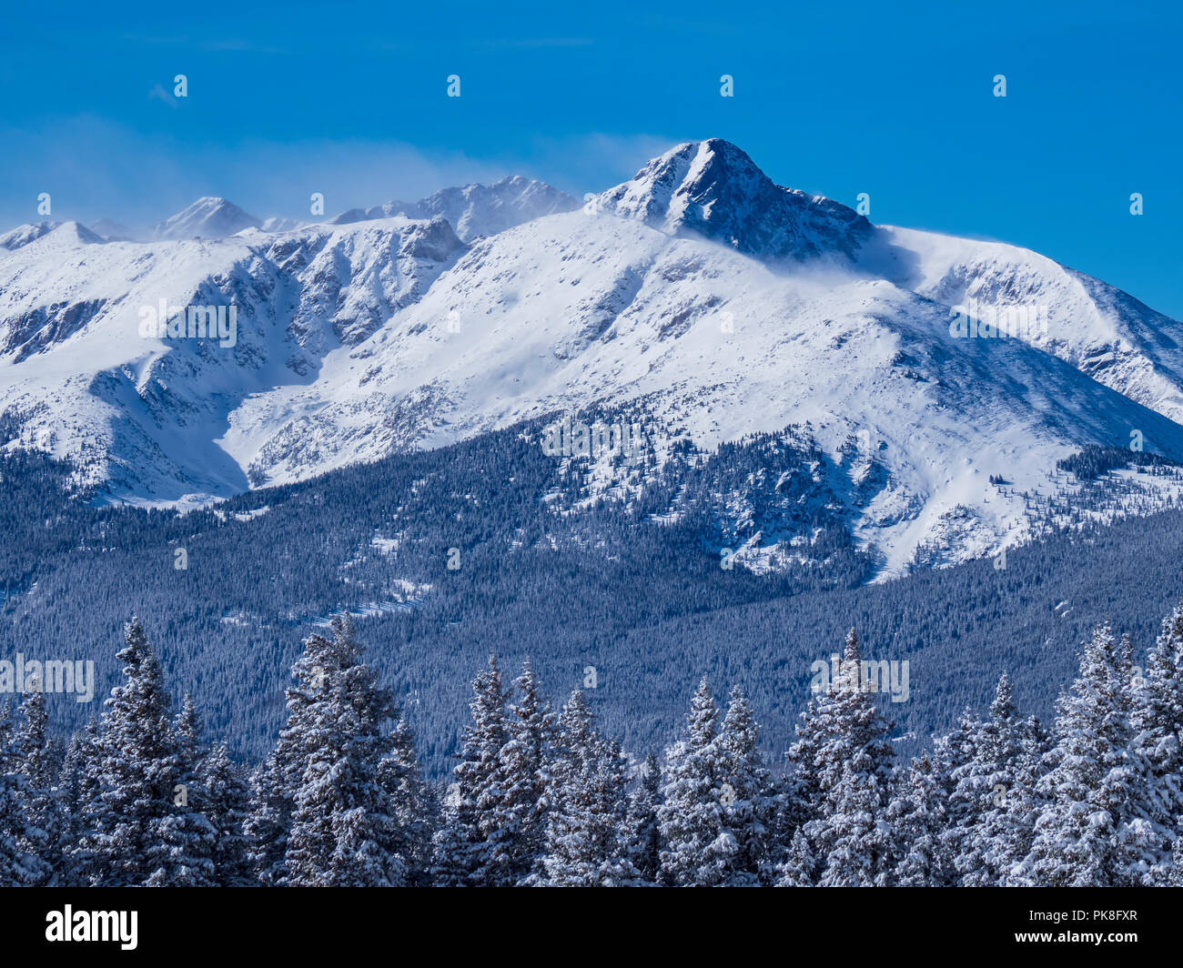 Il Monte di Santa Croce da Belle's Camp, Blue Sky Basin, inverno, Vail Ski Resort, Vail Colorado. Foto Stock