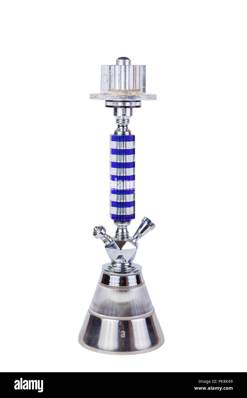 Moderno argento metallico con blue hookah isolati su sfondo bianco. Fumabile orientale Tubazione acqua di fumare Foto Stock