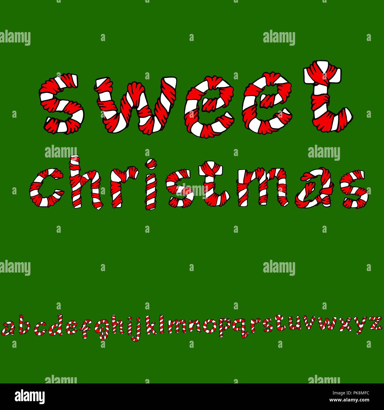 Avvolto in un nastro alfabeto. Impostare le lettere minuscole. Natale caramelle imitazione. Illustrazione Vettoriale
