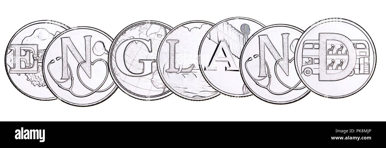 British 10p moneta (retromarcia) da 2018 alfabeti serie, celebrando britannicità. M - Mackintosh (cappotto di pioggia) Foto Stock