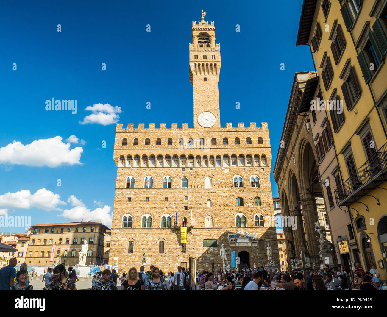 Il Palazzo Vecchio (Città Hal), Piazza della Signoria, Firenze, Toscana, Italia Foto Stock