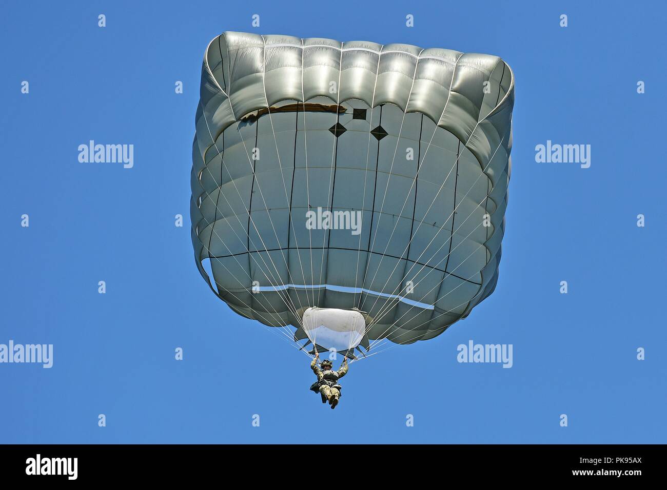 Un U.S. Paracadutista esercito, assegnati al 2° Battaglione, 503rd Reggimento di Fanteria, 173rd Brigata Aerea, scende sulla Giulietta zona di caduta, Pordenone, Italia, Agosto 22, 2018, 22 agosto 2018. Il 173rd Brigata aerea è l'U.S. Esercito di risposta di emergenza forza in Europa, in grado di proiettare le forze di pronto ovunque negli Stati Uniti Europeo, Africa Centrale o comandi in aree di responsabilità. (U.S. Esercito foto di Paolo Bovo). () Foto Stock