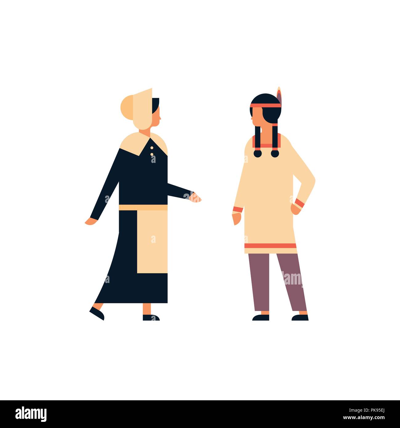 Indian matura la Giornata del ringraziamento celebrando concetto uomo donna in piedi insieme la comunicazione dei cartoni animati di piatto isolato Illustrazione Vettoriale