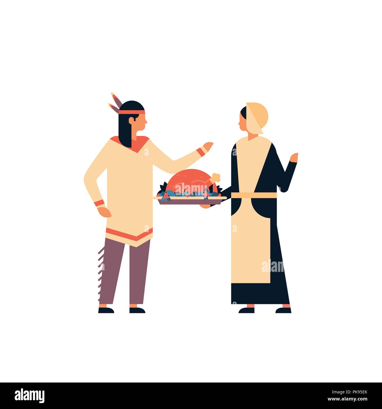 Native American Indian matura per celebrare la Giornata del ringraziamento concetto donna tenendo la Turchia uomo lady comunicazione personaggio dei fumetti a lunghezza piena piatta isolata Illustrazione Vettoriale