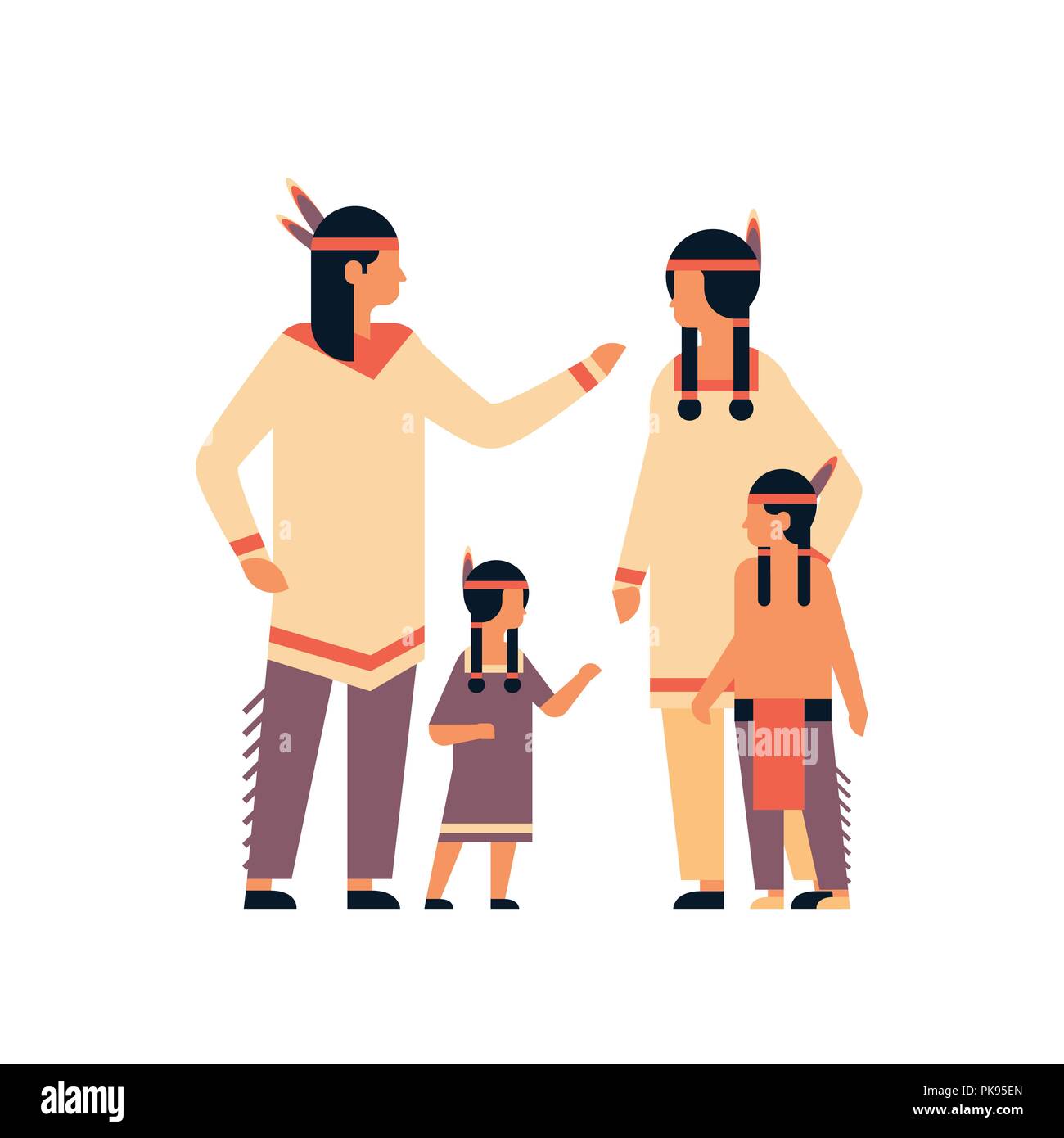 Famiglia indiana la Giornata del ringraziamento celebrando concetto genitori bambini comunicazione personaggio dei fumetti a lunghezza piena piatta isolata Illustrazione Vettoriale