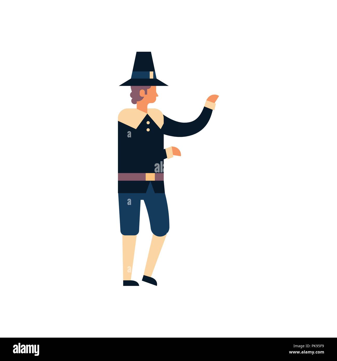 Native American uomo la Giornata del ringraziamento concetto ragazzo indossa abiti tradizionali maschio personaggio dei cartoni animati a lunghezza piena piatta isolata Illustrazione Vettoriale