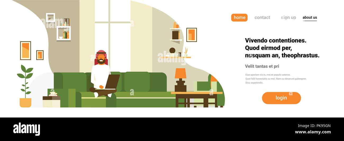 Uomo arabo utilizzando laptop living room interior home appartamento moderno relax maschio concetto orizzontale piana banner spazio di copia Illustrazione Vettoriale