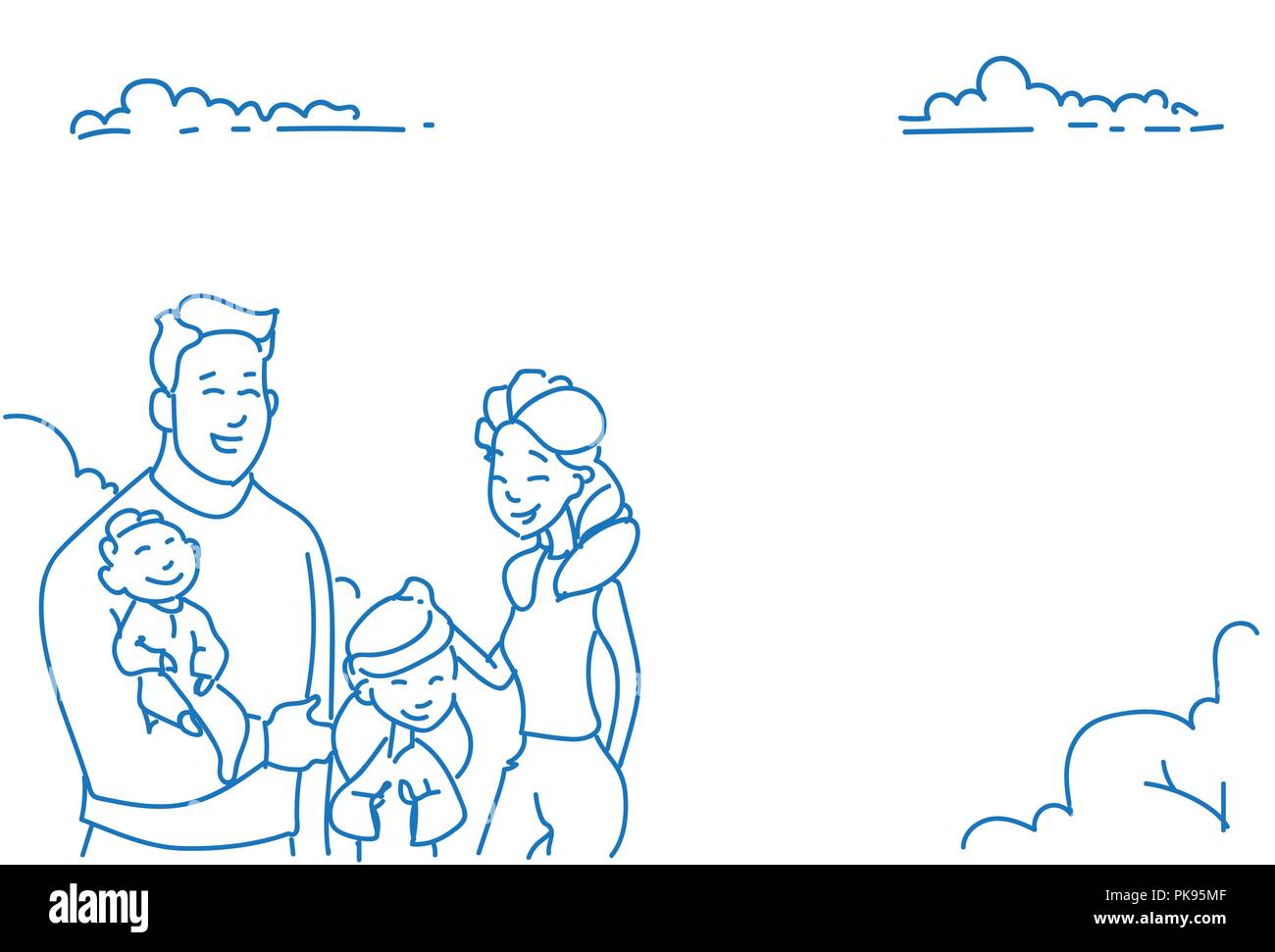 Padre madre di due bambini baby figlio figlia happy family concept sketch doodle disegnato a mano orizzontale verticale Illustrazione Vettoriale