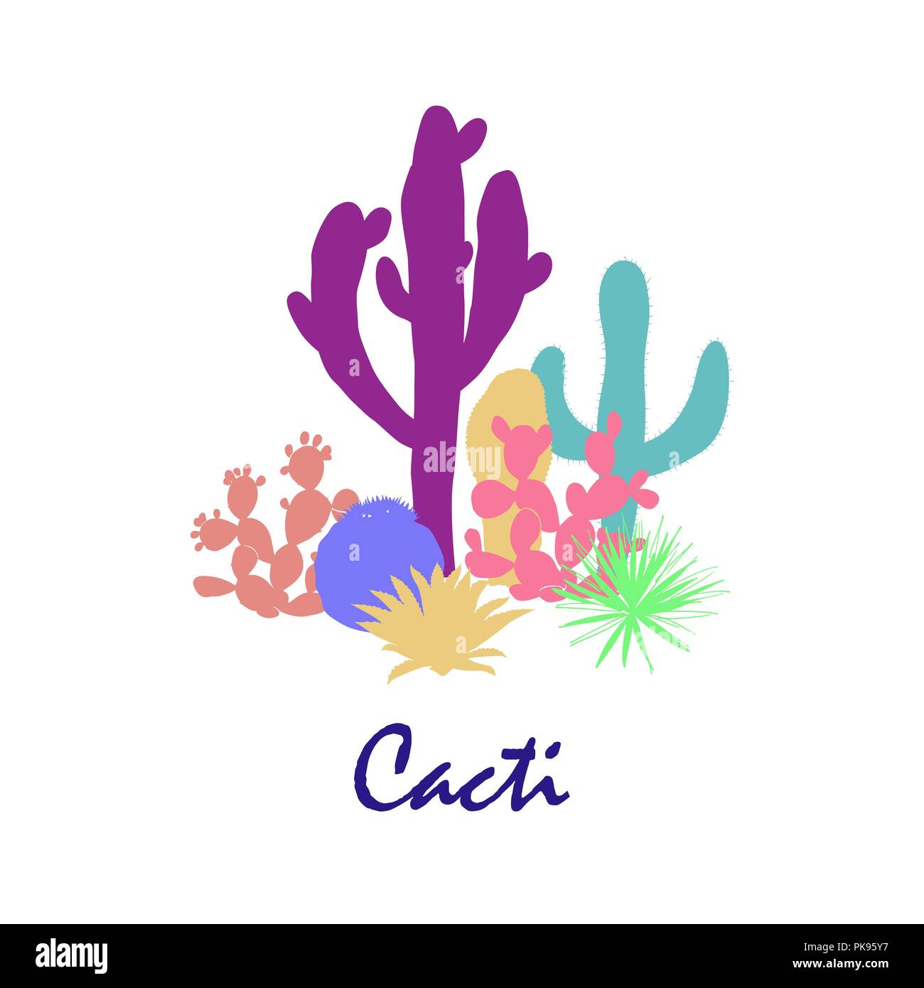 Gruppo di cactus. Ficodindia cactus, blu agavi, e saguaro. Illustrazione Vettoriale